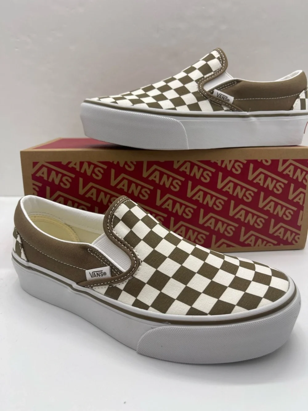 Vans Slip-On Platform Sneakers Checkerboard Sepia Brown VN00018E0E0 New - Picture 10 of 16